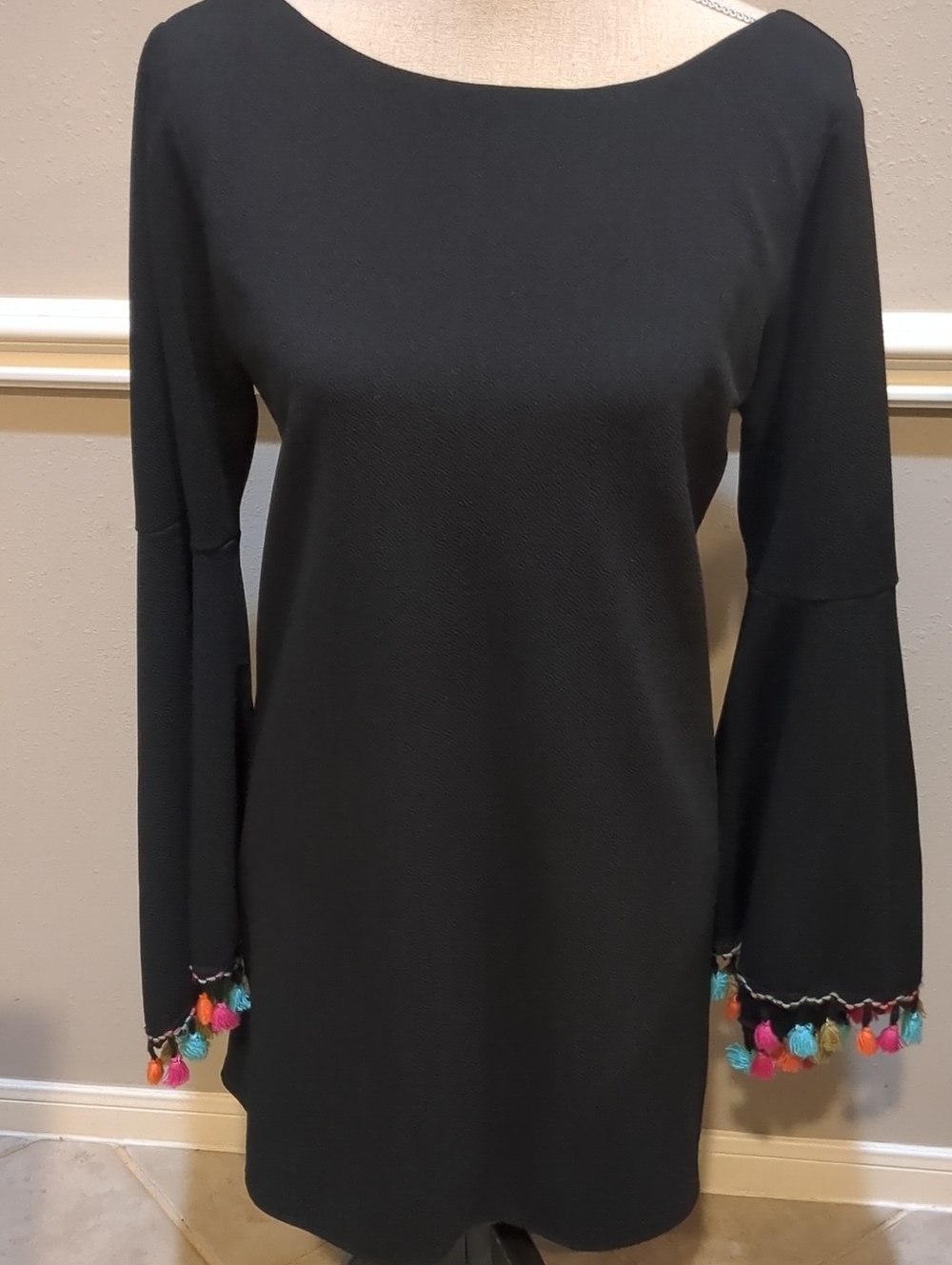 Judith March Black Bell-Sleeve Dress with Colorful Tassel Trim